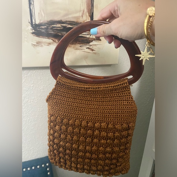 Vintage Crochet Rust Brown with Knots & Oval Lucite Handles Boho Handbag Purse - Picture 5 of 12